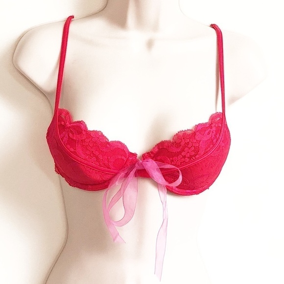 🆕 Victoria’s Secret solid red lace front closure bra pink tie padded - Picture 1 of 11